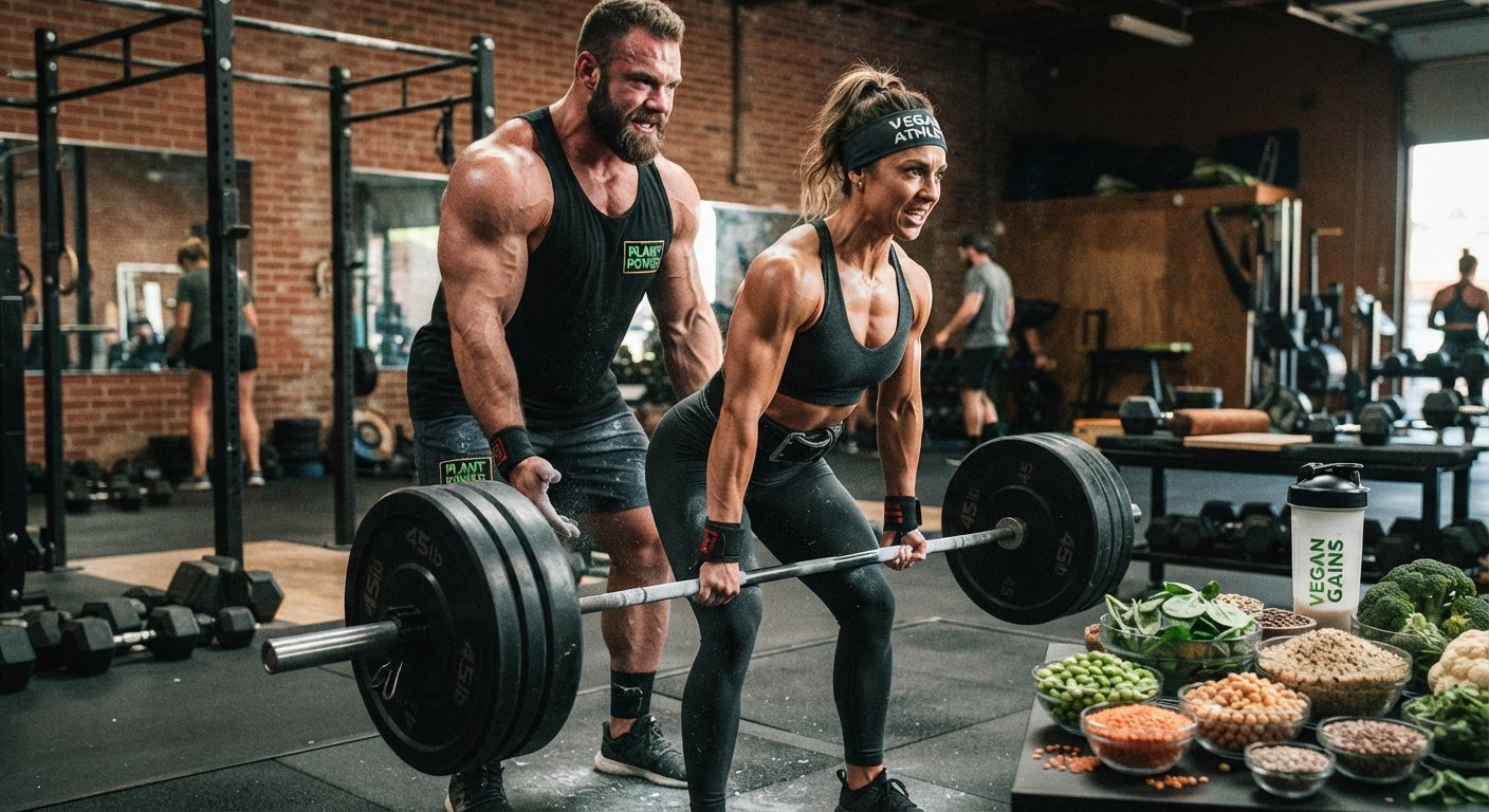A muscular male and female athlete training intensely in a rustic, brick-walled gym, representing plant-based bodybuilding. The woman in the foreground is performing a heavy barbell deadlift with focus and exertion, wearing a dark sports bra, leggings, and lifting straps. Behind her, a massive, bearded male athlete in a tank top watches her form as a spotter. In the bottom right corner, a table displays bowls filled with high-protein plant foods, including lentils, chickpeas, edamame, spinach, and broccoli, alongside a shaker cup. The overall atmosphere is gritty and high-contrast, highlighting the physical development of both athletes.