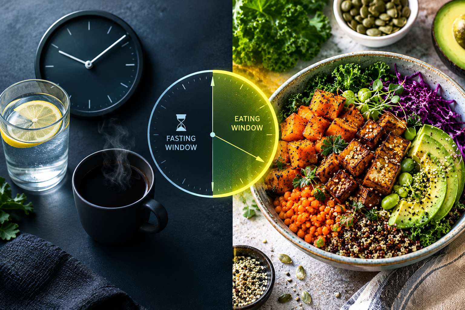 Horizontal split-scene image contrasting the fasting phase with lemon water, black coffee, and an analog clock against a vibrant plant-based bowl of tempeh, lentils, quinoa, avocado, sweet potatoes, and leafy greens, connected by a glowing circular fasting and eating-window graphic.