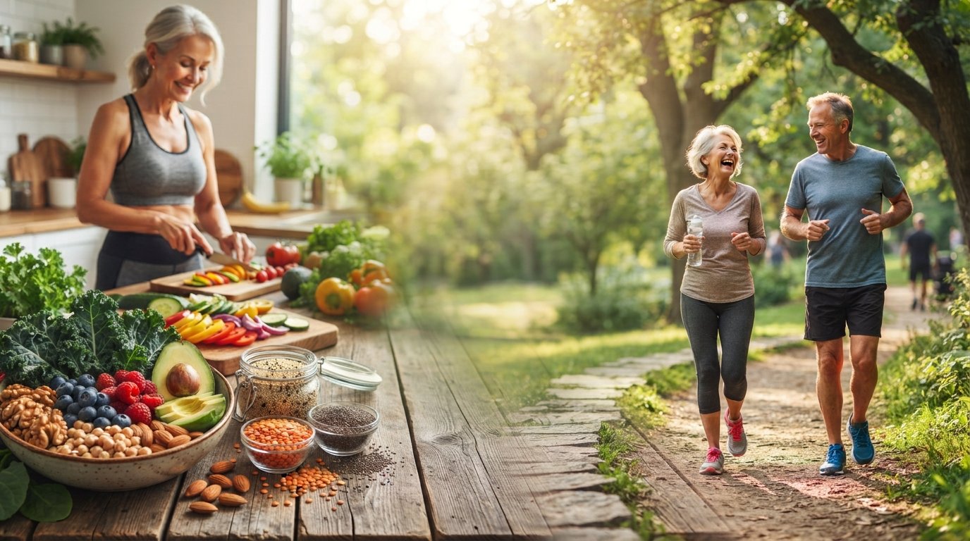 A split-composition image promoting healthy longevity. On the left, a vibrant close-up shows a rustic wooden table filled with colorful whole foods, including a large bowl of dark leafy greens, fresh berries, walnuts, chickpeas, sliced avocados, lentils, and seeds, while an active senior woman preps vegetables in a bright kitchen background. On the right, a fit senior couple laughs while jogging down a sun-dappled outdoor park trail. The center features a soft-focus green landscape that blends the two scenes together naturally.