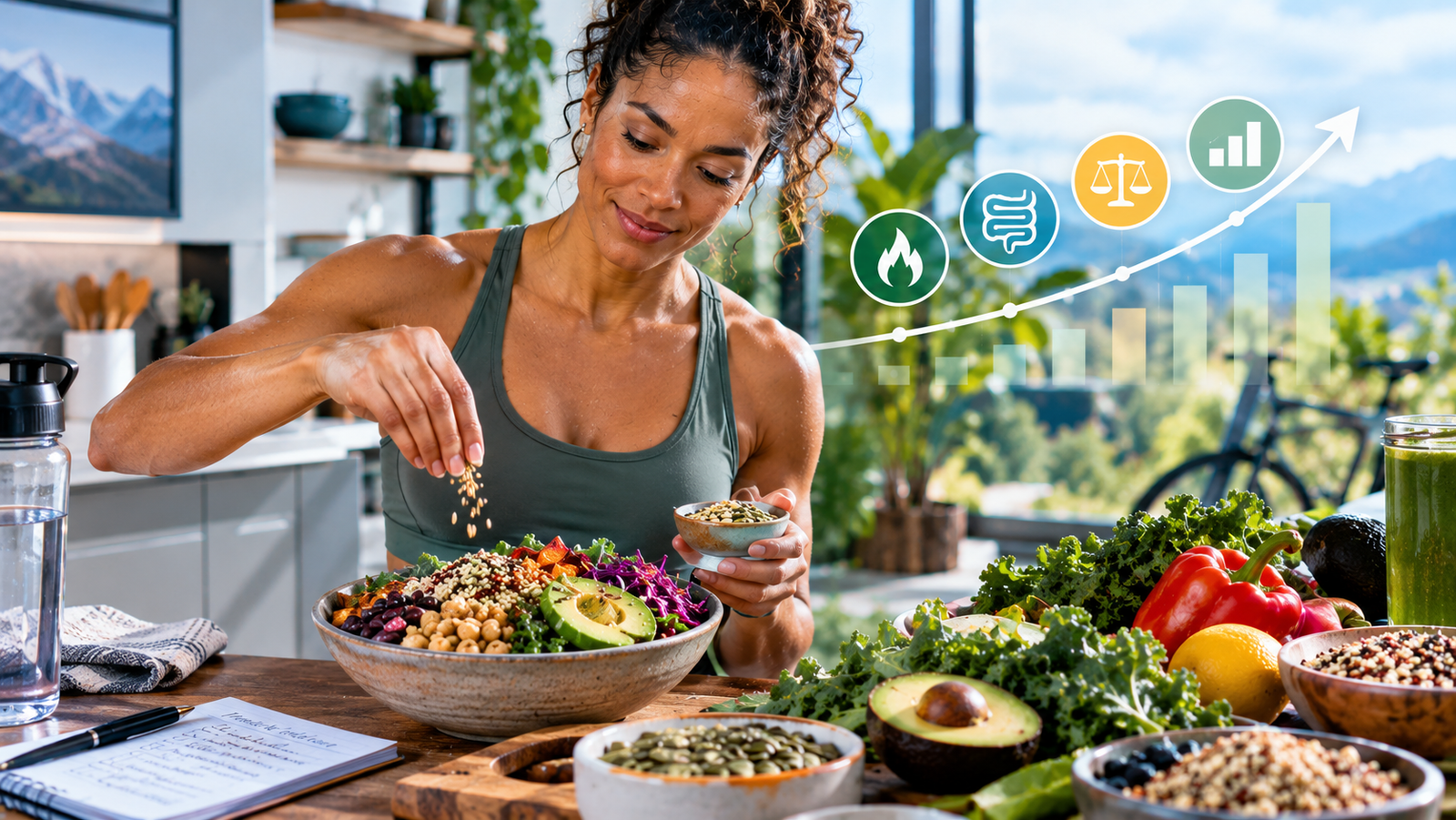 Reverse Dieting Vegan Approach Athletic woman preparing a nutrient-rich vegan bowl with legumes, whole grains, seeds, and fresh vegetables, illustrating balanced nutrition, sustainable calorie increases, and metabolic health.