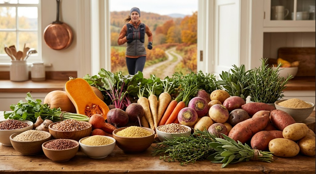 A rustic wooden table filled with a bountiful autumn harvest, including bowls of ancient grains, pumpkins, squashes, carrots, and other root vegetables, while a female athlete runs along a path through colorful fall foliage in the background.