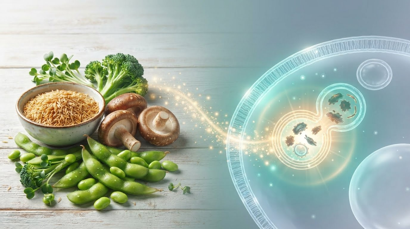 A split-screen concept image illustrating longevity and cellular biology. The left side features a rustic wooden table with fresh, vibrant, plant-based longevity foods rich in spermidine, including a bowl of whole grains, fresh shiitake mushrooms, bright green edamame pods, and broccoli florets. A glowing stream of golden particles flows from the plants to the right side, which reveals a clean, high-tech, abstract diagram of a biological cell undergoing autophagy and cellular renewal with a softly glowing internal core.