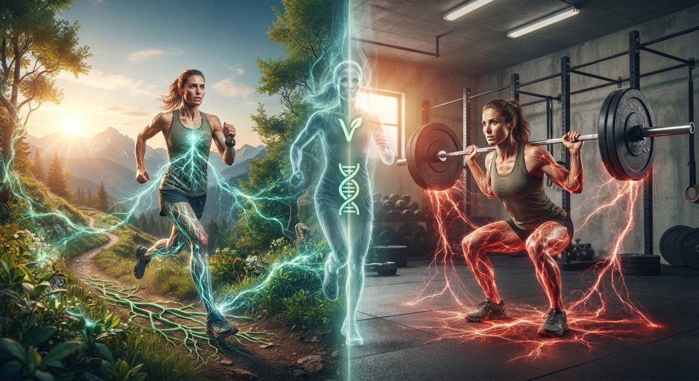 The Hybrid Vegan Athlete A dual-concept split-screen digital graphic showcasing a female hybrid athlete to illustrate the synergy of concurrent training and plant bioenergetics. The image contains absolutely no text or typography. On the left side, the athlete is captured mid-stride while trail running through a sunlit, green forest. A network of glowing neon green and cyan energy lines—resembling roots and DNA helices—pulses through her lower body, symbolizing plant-based endurance. On the right side, the same athlete is inside a dark, industrial gym performing a heavy barbell back squat. Radiant orange and crimson energy veins crackle around her active muscles, anchoring her to the ground and representing raw muscular power. The two halves blend seamlessly down the middle, where the green and orange energy systems merge into a balanced, bright turquoise light.