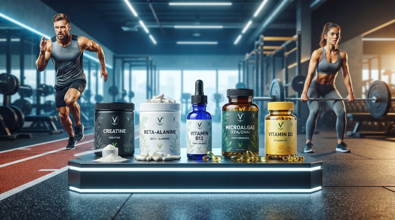 A dynamic, wide horizontal shot set in a modern, brightly lit athletic gym with a slate-gray color palette and cool overhead lights. In the foreground, five sleek supplement containers are neatly arranged on a lit-up black geometric platform. From left to right: a black tub of creatine next to a scoop of white powder; a white tub of beta-alanine with scattered capsules; a blue dropper bottle labeled Vitamin B12; a dark brown glass jar of Microalgae (EPA/DHA) surrounded by golden translucent softgels; and a yellow bottle of Vitamin D3. In the blurred background, two athletes are training hard: a male athlete sprints down an indoor running track on the left, and a female athlete performs a barbell deadlift on the right.