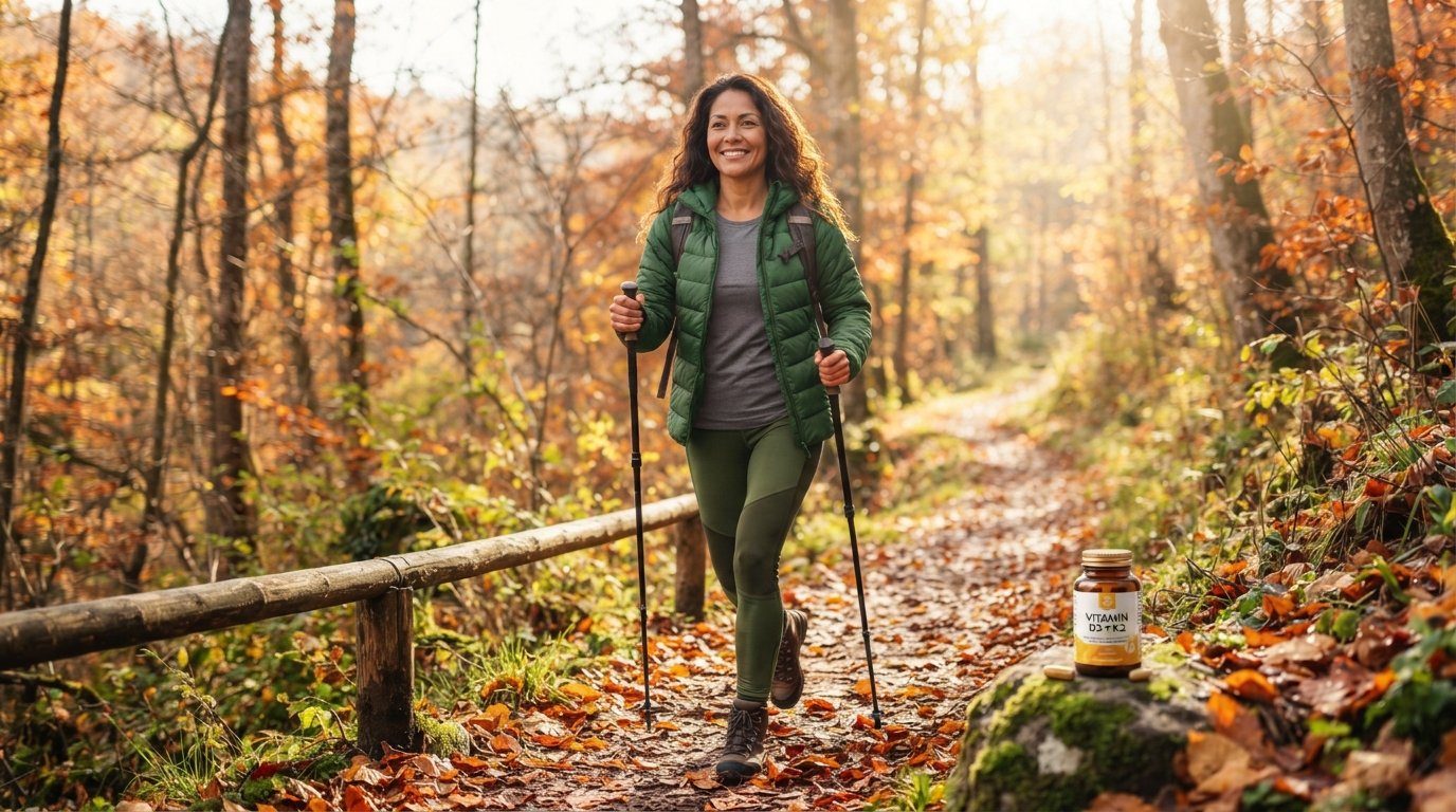 A smiling Latina woman hiking on a sunlit autumn trail covered in orange and brown fallen leaves. She is wearing a green quilted jacket, a grey t-shirt, and olive green athletic leggings while using trekking poles. In the foreground, a bottle labeled "Vitamin D3 + K2" sits on a mossy rock amidst autumn foliage, under soft, warm seasonal sunlight filtering through the trees.