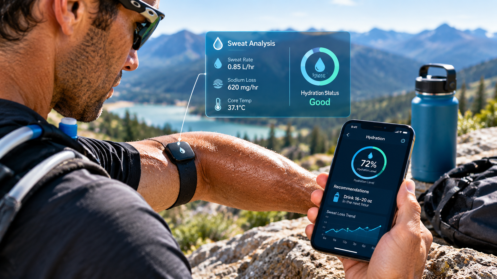 Wearable Sweat Sensors An athlete wearing a wearable sweat sensor checks hydration data on a smartphone during an outdoor mountain workout, with sweat rate and electrolyte-loss information displayed.