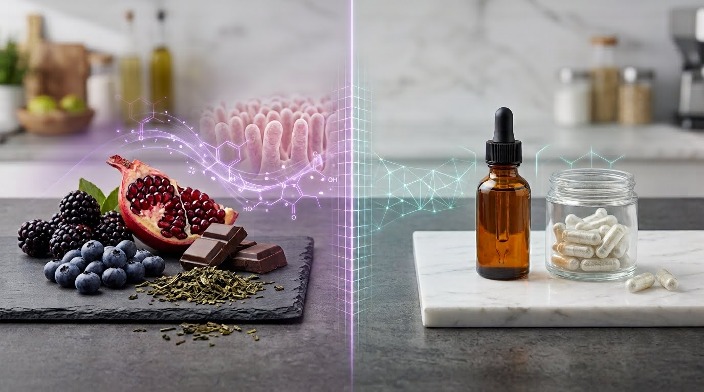 contrasting whole foods and dietary supplements on a split dark concrete surface, separated down the middle by a thin, glowing neon violet grid line. The left side showcases a vibrant, messy arrangement of whole foods rich in polyphenors: deep-purple blackberries, wild blueberries, a broken pomegranate revealing dark red seeds, a textured block of dark chocolate chunks, and loose-leaf green tea. The right side features a minimalist, clean wellness aesthetic: a clear glass dropper bottle containing rich amber plant extract oil next to a sleek glass jar containing clear, powder-filled cellulose capsules. Faint, translucent digital overlays of chemical ring structures and cellular absorption paths float across the background to emphasize the scientific concept of bioavailability.