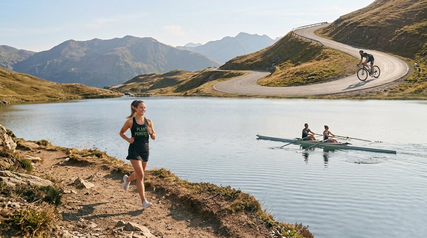 A horizontal outdoor landscape featuring three athletes training in a mountainous lake setting. In the foreground, a female runner jogs along a rugged, dirt trail tracing the edge of a clear blue lake. Out on the water, a rowing pair in a sleek crew boat pulls their oars, appearing slightly closer and more distinct. In the upper right background, a cyclist on a paved switchback road that snakes up a steep hillside against a backdrop of distant, majestic mountain peaks under a clear sky.