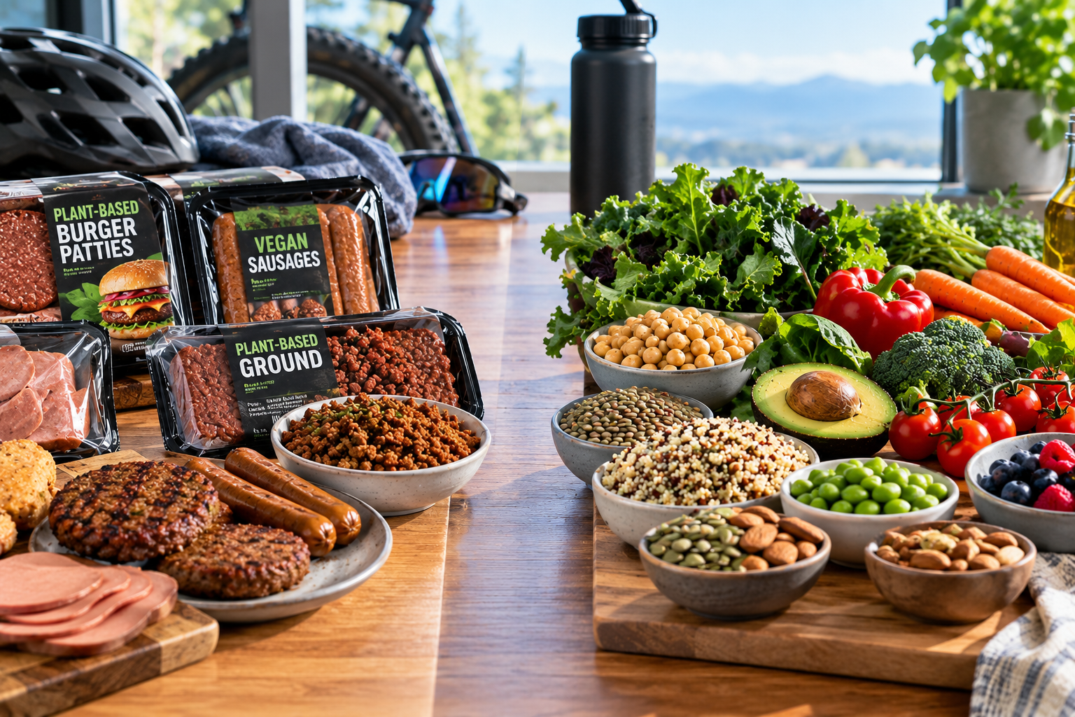 A realistic kitchen scene comparing packaged vegan meats with a colorful spread of whole plant foods, including legumes, grains, vegetables, fruits, nuts, seeds, and leafy greens.